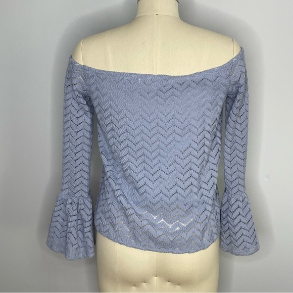 English Factory Off the Shoulder Lace Bell Sleeve Top- Light Blue- Size Small - Picture 6 of 6